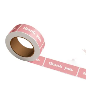 Pink thank you sticker roll, minimalist rectangular adhesive labels for gifts and baking packaging.