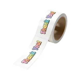 Rotolo di adesivi di ringraziamento con lettere colorate in stile bolla per imballaggio e sigillo.
