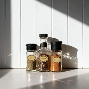 Close-up view of glass spice jars featuring vintage labels against a white wooden wall.