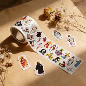 Retro religious washi tape detail close up, vintage sticker roll design with classic saint art patterns.
