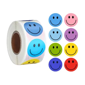Colorful round smiley face sticker roll detail shot showing vibrant multi-color reward decals.