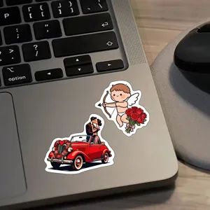 Valentines Day stickers detail shot showing romantic Cupid and vintage car wedding love designs.