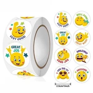 Details of roll reward stickers featuring cute smiley faces and encouraging English phrases.