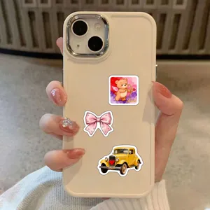 Cute aesthetic phone case with vintage car and teddy bear stickers for women and girls.