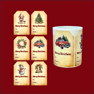 Detail view of Christmas sticker roll and festive label designs for holiday gift packaging.