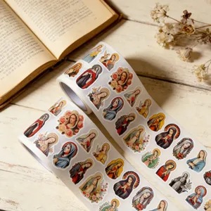 Vintage religious art washi tape roll, aesthetic saint stickers for journaling and craft DIY.