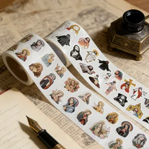 Retro religious sticker washi tape rolls, vintage holy art design for journal decorating.