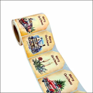 Vintage Christmas sticker roll for gift wrapping, holiday envelope seals and festive decor.