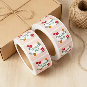 Square thank you stickers roll featuring cute floral designs for packaging seals and crafts.