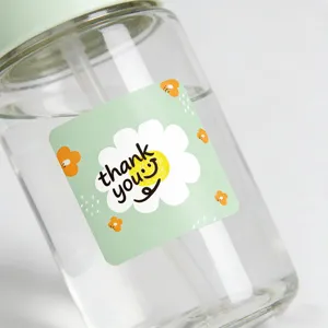 Square Thank You sticker detail view, cute floral design for journaling and gift packaging.