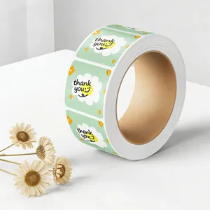 Roll of square thank you stickers mint green daisy sealing labels roll cute stationery