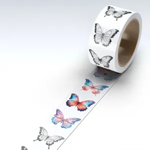 Detailed close-up of decorative butterfly sticker roll featuring colorful and line art designs.