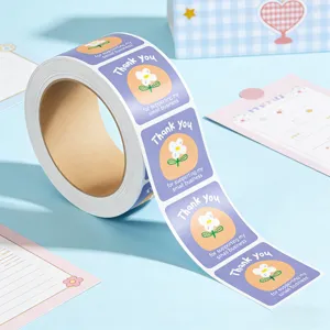 Thank You Sticker Roll Cute Floral Square Sealing Labels For Small Business Packaging 300Pcs
