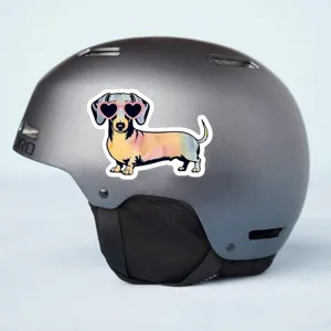 Joli autocollant de teckel de dessin anime avec lunettes de soleil, ideal pour casque et ordinateur.