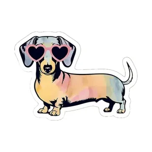 Mignon autocollant teckel avec lunettes coeur rose, sticker impermeable pour tasse et ordinateur.