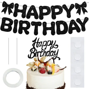 Black glitter happy birthday banner and cake topper set with tape for party decoration.