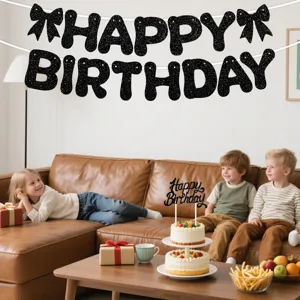 Black glitter happy birthday banner and cake topper set for party decoration supplies.