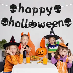 Halloween Party Garland Decorations Black Glitter Skull Pumpkin Banner Scary Haunted House Atmosphere Layout Props