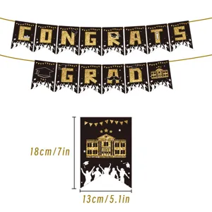 Graduation party hanging banner set with black gold glitter swallowtail flags for decor.