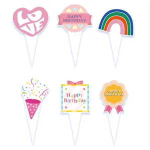 Set of 6 birthday cake toppers colorful party cupcake picks dessert decorations.