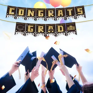 Graduation party banner set, congrats grad pennant garland for school celebration decor.
