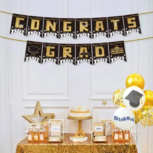 Graduation party banner decoration set black gold glitter fishtail banner details