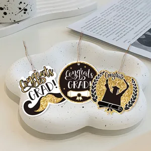 Graduation party hanging tags decorations, set of 3 assorted black and gold glitter ornament props.