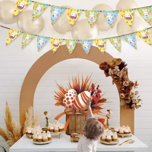 Easter party pennant banner decorations, colorful bunny and egg flags for holiday celebration layout.