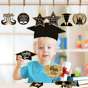 Graduation party hanging tags decorations set with black and gold glitter cute ornament props.
