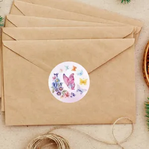 Detail shot of watercolor butterfly floral sticker on kraft envelope, elegant roll sticker design.