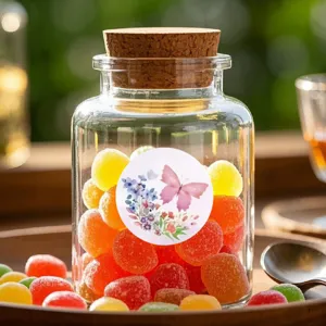 Detailed view of a glass jar filled with colorful candies and a cute butterfly sticker design.