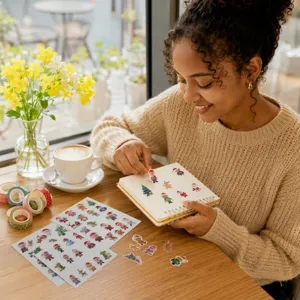 Vista dettagliata di simpatici adesivi con animali natalizi per decorare un taccuino.