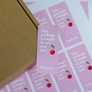 Adesivi di ringraziamento rosa per confezioni regalo, design ciliegia e dolci testi.