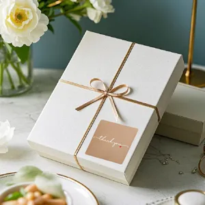 Kraft thank you sealing sticker detail view, minimalist design for gift packaging and craft use.