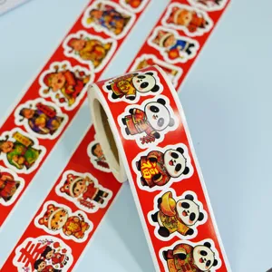 Chinese New Year sticker roll detail showing cute panda and festive holiday designs.
