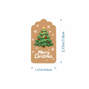Close-up detail of a brown Christmas tree label sticker with festive holiday text and sizes.