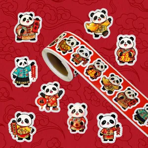 Chinese New Year panda roll stickers set, cute cartoon animal labels for party gifts decoration.