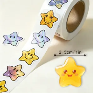Colorful star reward stickers roll with 3d epoxy sticker, cute smiley face design for packaging.