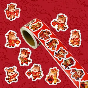 Details of the Chinese New Year cartoon horse sticker roll showing festive patterns and auspicious text.