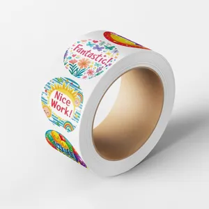 Roll of round reward stickers with encouraging English text and cute cartoon designs for kids.