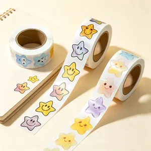 Detail shot of colorful cartoon star reward stickers in rolls, ideal for planner decor and crafts.