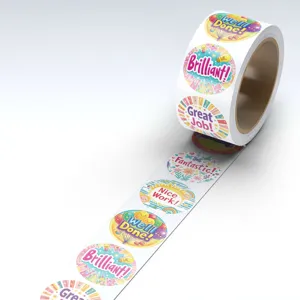 Detailed view of roll reward stickers with encouragement text and cute illustrations for kids.