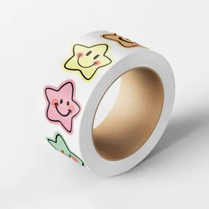 Roll of colorful star smile stickers for gift box sealing, DIY crafts and cute packaging decor.