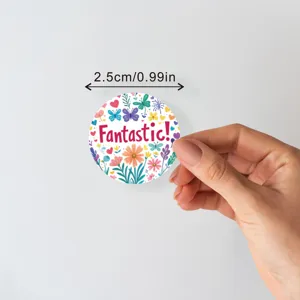 Round reward encouragement stickers with floral patterns and fantastic text, detail.