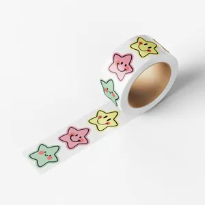 Close-up detail of colorful smiling star reward sticker roll, cute cartoon design for crafts.
