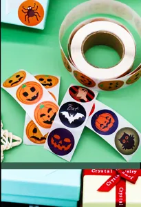Halloween sticker roll waterproof decorative labels for holiday gifts, pumpkin bat spider designs.