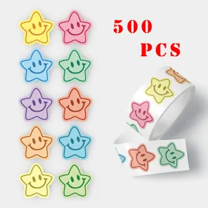 500 pcs colorful smiley star stickers roll, cute cartoon reward labels for kids DIY craft.