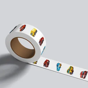 Roll of cute cartoon car stickers for sealing packaging waterproof synthetic paper label roll.