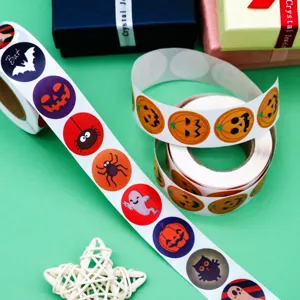 Halloween roll stickers set featuring cute pumpkin, ghost, bat and spider designs for decor.