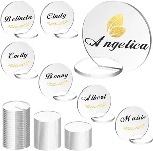 Tarjetas de sitio redondas de acrílico transparente con soportes para mesa de boda DIY.